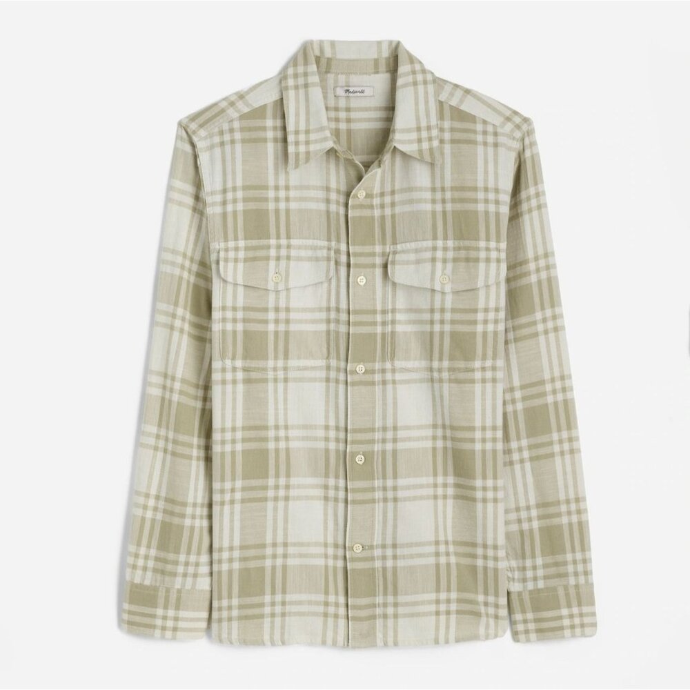 NWT Madewell Mens Sz M Workshirt Cotton Plaid Dusty Celadon Green Pockets Casual